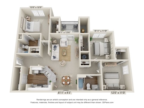 A 3D floor plan of an apartment with dimensions and a disclaimer at the bottom.